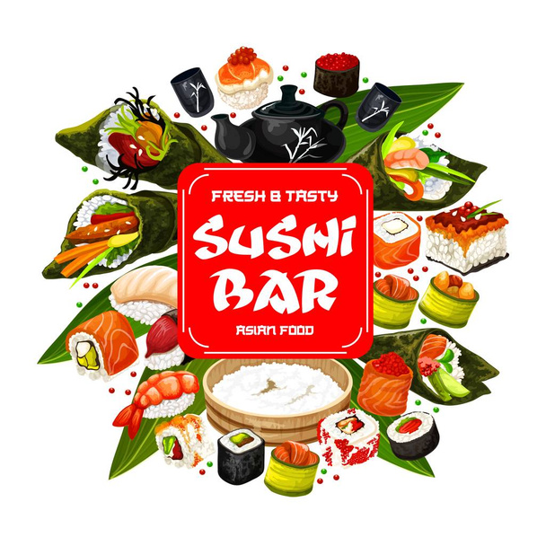 Japanese cuisine, sushi and roll bar - Vector, Image
