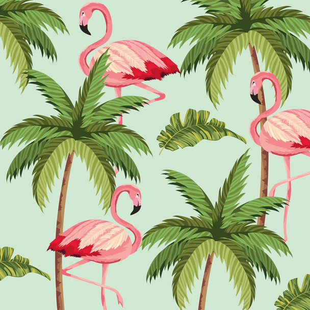 exotic flamingos with palm tree background - Vector, Image