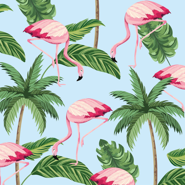 tropical flamingos animal and palm background - Vector, Image