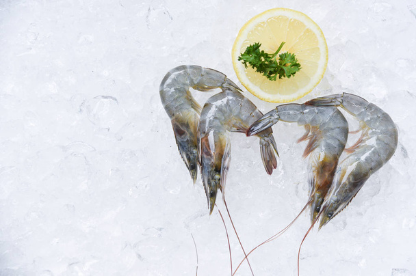 Fresh raw shrimps prawns and lemon on ice background in the seaf - Foto, afbeelding