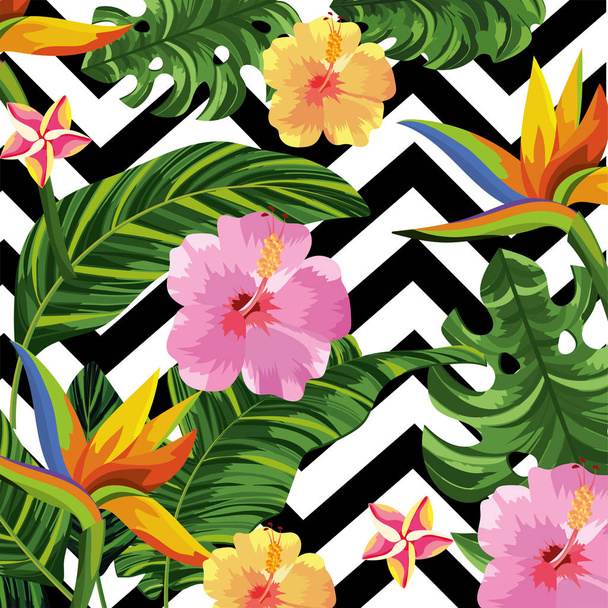 тропические цветы и листья на фоне фигур
 - Вектор,изображение
