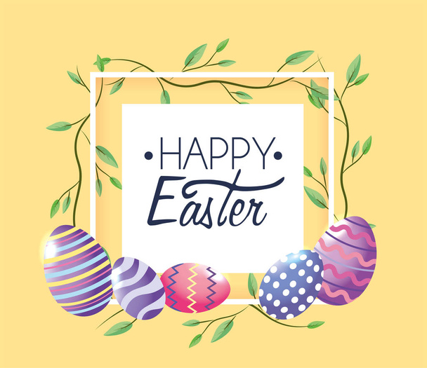 Happy Easter emblem with plants leaves and easter eggs - Vector, Image