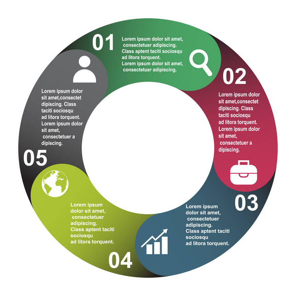 5 krokowy element wektorowy w pięciu kolorach z etykietami, schemat infograficzny. Koncepcja biznesowa 5 kroków lub opcji z pustym - Wektor, obraz