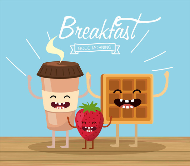 ευτυχισμένος καφέ πλαστικό Κύπελλο με βάφλα και φράουλα - Διάνυσμα, εικόνα