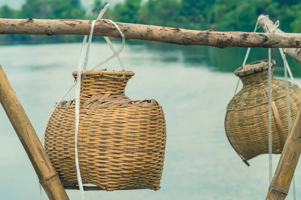 Ancient bamboo fish trap equipment of countryside, Thailand - Photo, image