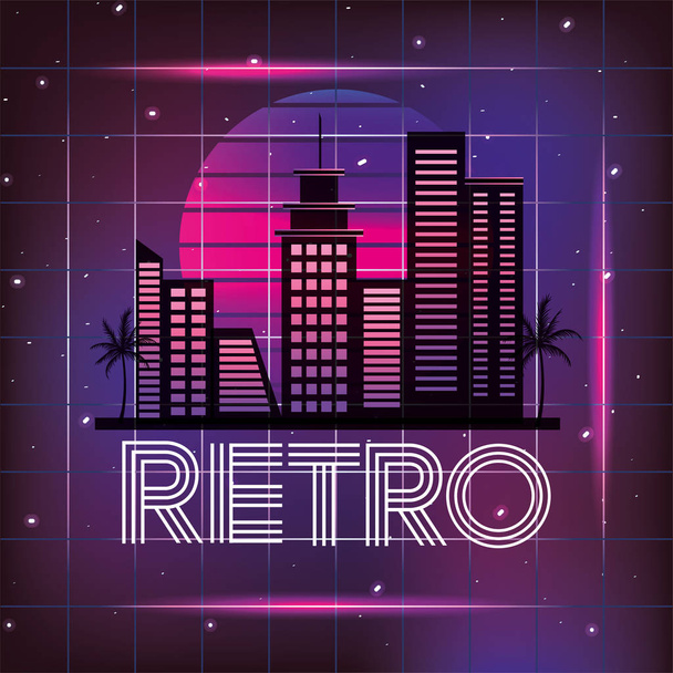 Retro stad met grafische neon stijl - Vector, afbeelding