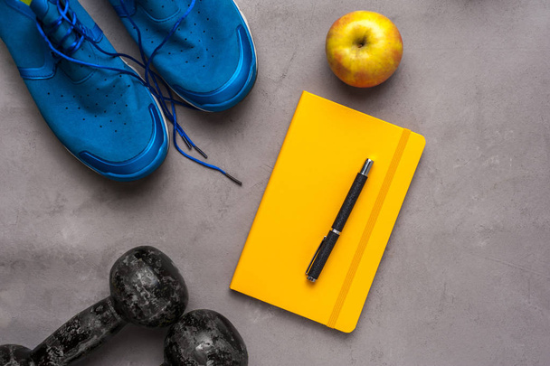 Sports and fitness equipment flat lay. - 写真・画像