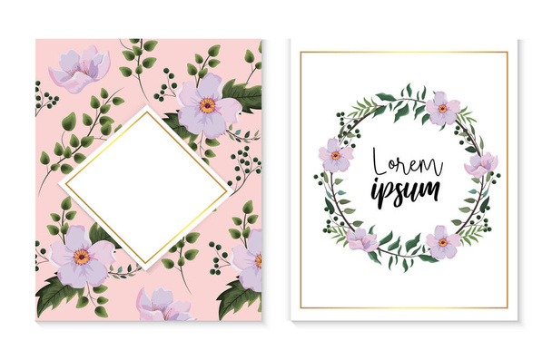 set tarjeta y etiqueta con flores y ramas hojas
 - Vector, imagen