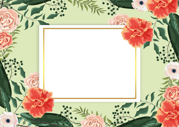 κάρτα με φυτά τριαντάφυλλα και εξωτικά κλαδιά φύλλα - Διάνυσμα, εικόνα