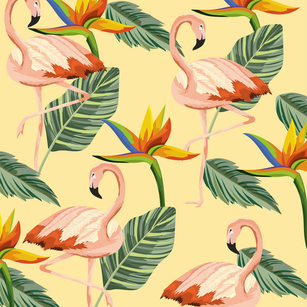 tropikalne flamingi, z tle kwiatów i liści - Wektor, obraz