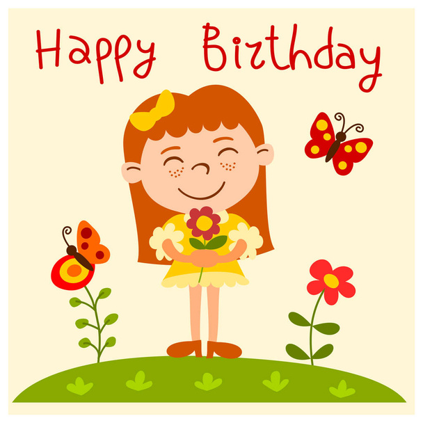 cartão de saudação com personagem engraçado bonito dos desenhos animados de menina segurando flor no prado e texto feliz aniversário
 - Vetor, Imagem