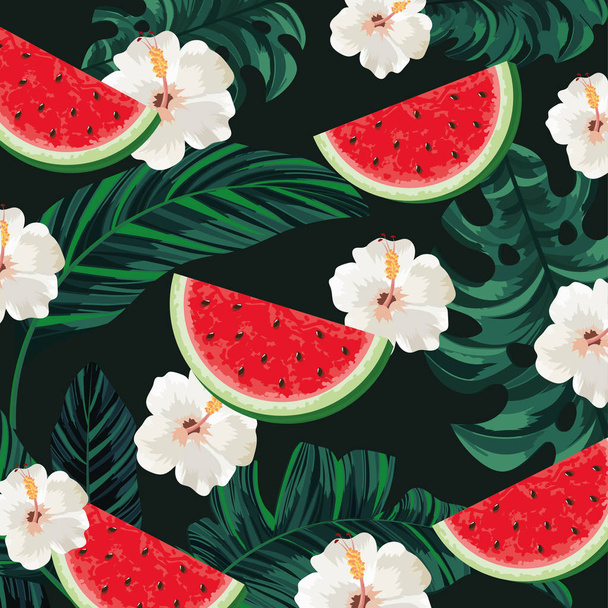 tropical watermelon with flowers and leaves background - Vector, Image