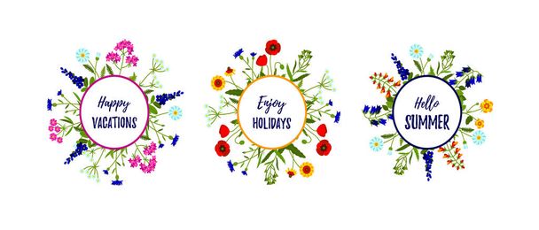 Set of floral frames of wild flowers isolated on white. Vector illustration. Space for text - Vector, Image
