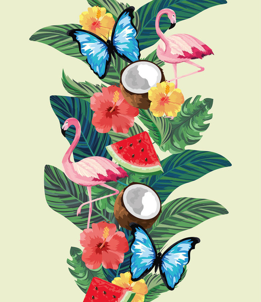 flamingos with butterflies and tropical plants with flowers - Vector, Image