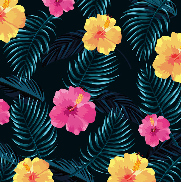 tropical flowers with leaves plants background - Vector, Image