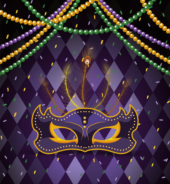 party mask with necklace balls to mardi gras celebration - Vector, Image