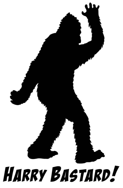 Zwart-wit vectorillustratie van bigfoot silhouet met tekst Harry Bustard! - Vector, afbeelding