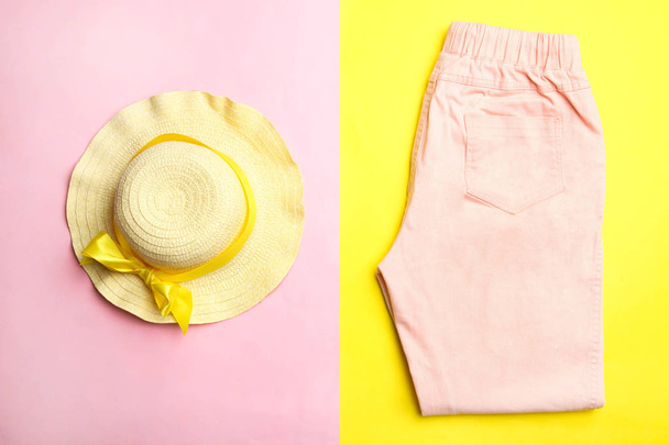 Strohhut und rosa Jeans für Frauen - Foto, Bild
