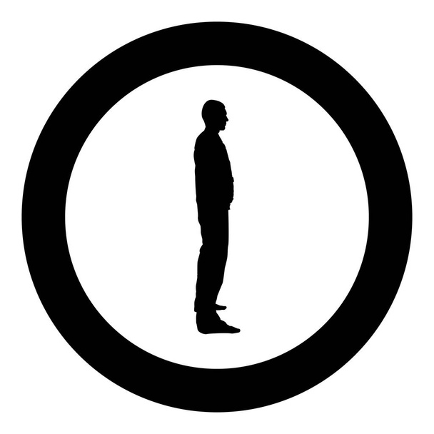 Mies seisoo pukeutunut työvaatteet haalarit ja näyttää suora kuvake musta väri vektori ympyrä pyöreä kuva tasainen tyyli kuva
 - Vektori, kuva