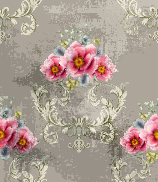 春花ベクトルを持つバロック様式のテクスチャー パターン。花飾り装飾。ビクトリア朝には、レトロなデザインが刻まれています。ヴィンテージ生地の装飾。高級生地 - ベクター画像