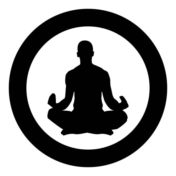 Meditating man Practicing yoga symbol icon black color vector in circle round illustration flat style image - Vector, Image