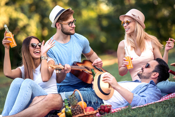 Felices jóvenes amigos de picnic en el park.They son todos felices, divertirse, sonreír y tocar la guitarra
. - Foto, imagen