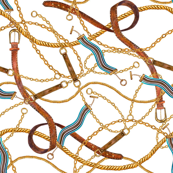 Golden chain glamour seamless pattern illustration. Watercolor texture with golden chains, chokers and leather belts. - Φωτογραφία, εικόνα