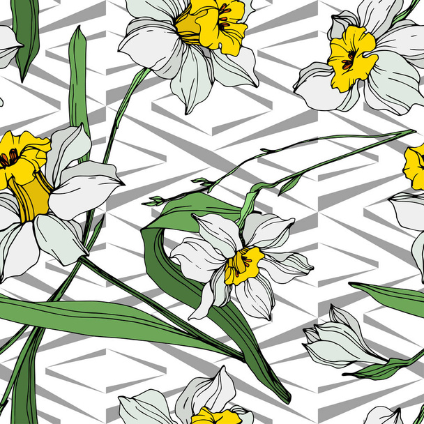 Vector narcissus witte en gele bloemen met groene bladeren. De kunst van het gegraveerde inkt op een witte achtergrond. Naadloze achtergrondpatroon.  - Vector, afbeelding