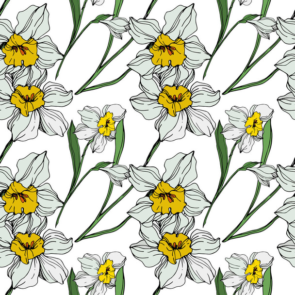 Vector white and yellow narcissus flowers with green leaves. Engraved ink art on white background. Seamless background pattern.  - Vector, imagen