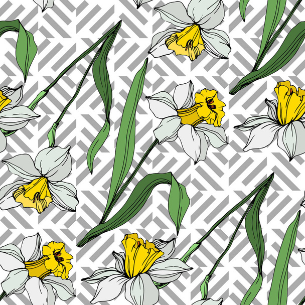 Vector white and yellow narcissus flowers with green leaves. Engraved ink art on white background. Seamless background pattern.  - Vektor, Bild