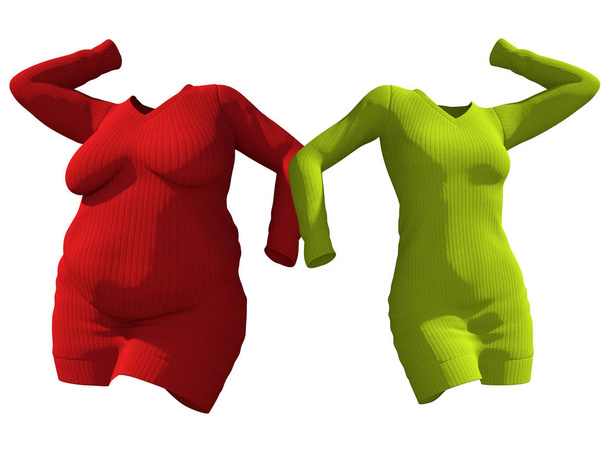 Εννοιολογική λίπος υπέρβαροι παχύσαρκα Γυναικεία πουλόβερ φόρεμα vs slim fit υγιές σώμα μετά βάρος απώλεια δίαιτα ή λεπτή νεαρή γυναίκα απομονωμένη. Ένα γυμναστήριο, διατροφή ή fatness παχυσαρκία υγεία σχήμα 3d απεικόνιση - Φωτογραφία, εικόνα