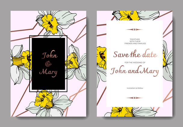 Vetor elegantes cartões de convite de casamento com narciso branco flores ilustração. Tinta gravada arte
.  - Vetor, Imagem