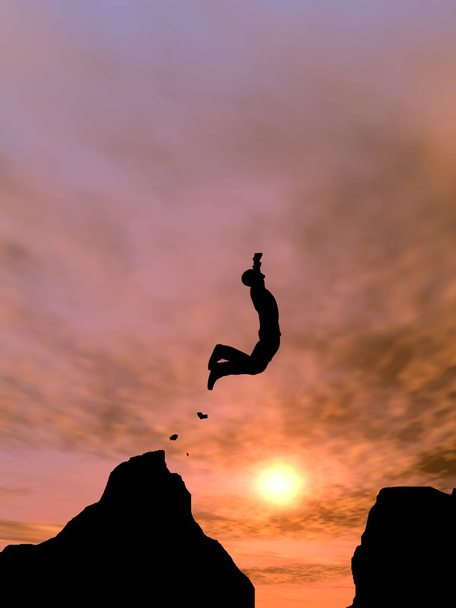 Koncepcja lub koncepcyjne młody człowiek ilustracja 3d lub biznesmen sylwetka szczęśliwy skok z urwiska nad przepaść zachód lub wschód słońca na tle nieba - Zdjęcie, obraz