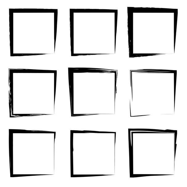 Collection or set of artistic black paint hand made creative grungy brush stroke square frames or borders isolated on white background. A grunge education sketch abstract creative ink design - Photo, Image