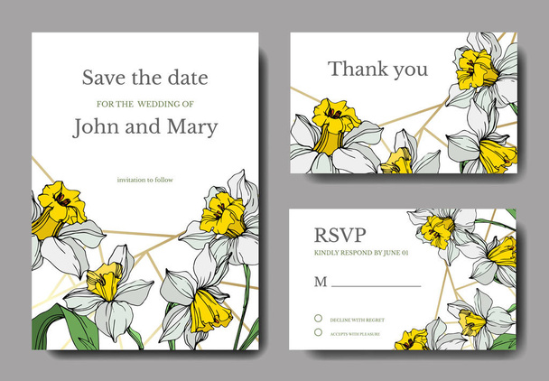 Vector elegant wedding invitation cards with white narcissus flowers illustration. Engraved ink art.  - Vektori, kuva