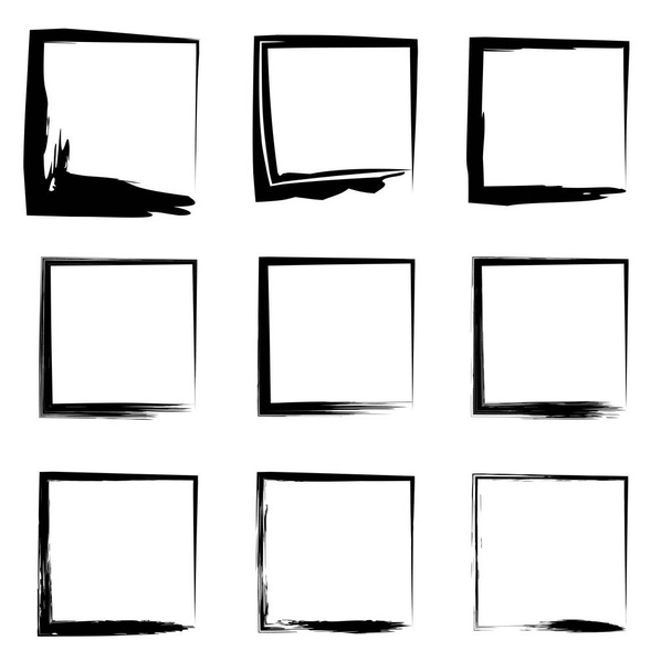 Kollektion oder eine Reihe künstlerischer schwarzer Farbe handgefertigt kreative grungy Pinselstrich quadratischen Rahmen oder Grenzen isoliert auf weißem Hintergrund. eine Grunge Education Skizze abstraktes kreatives Farbdesign - Foto, Bild
