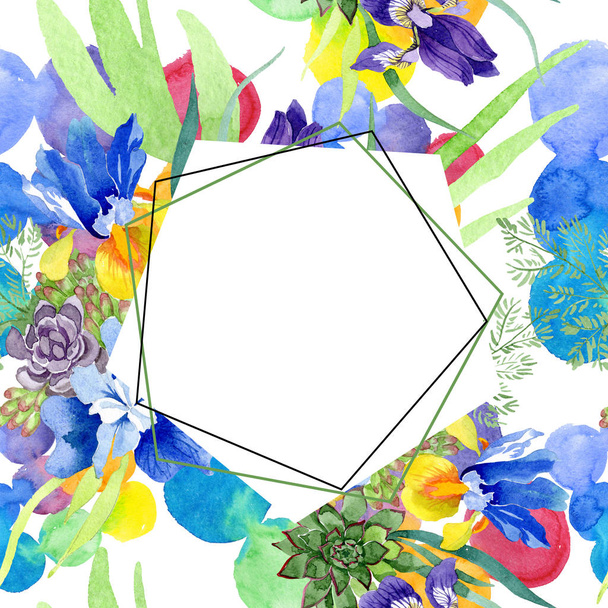Μπλε ίριδες floral μπουκέτο λουλούδια βοτανική. Άγρια άνοιξη φύλλων wildflower απομονωμένη. Ακουαρέλα φόντο εικόνα σύνολο. Ακουαρέλα σχεδίασης μόδας ακουαρέλα. Πλαίσιο συνόρων στολίδι τετράγωνο. - Φωτογραφία, εικόνα