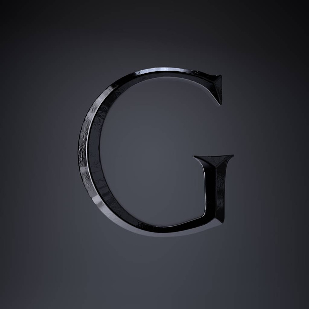 Cizellált vas levél G nagybetűs. 3D render játék vagy film cím betűtípus, elszigetelt fekete háttér. - Fotó, kép