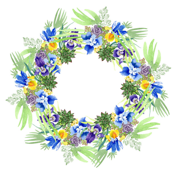 Μπλε ίριδες floral μπουκέτο λουλούδια βοτανική. Άγρια άνοιξη φύλλων wildflower απομονωμένη. Ακουαρέλα φόντο εικόνα σύνολο. Ακουαρέλα σχεδίασης μόδας ακουαρέλα. Πλαίσιο συνόρων στολίδι τετράγωνο. - Φωτογραφία, εικόνα