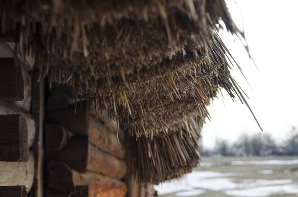 Stary drewniany dom tradycyjny z dachu krytym słomą w Ukraińskie Muzeum Narodowe wolnym powietrzu Pirogovo. Kijów, Ukraina - Zdjęcie, obraz