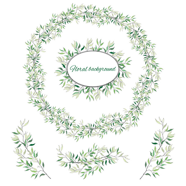 Σύνολο πράσινο floral σχέδια και στολίδια διάνυσμα στεφάνια από πράσινα φύλλα και διανύσματα για διακόσμηση. Έννοια στολίδι άνοιξη. - Διάνυσμα, εικόνα