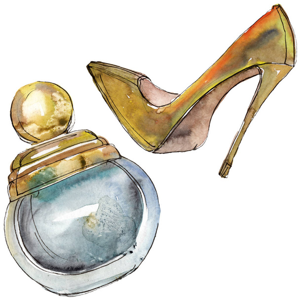 Perfume and shoe sketch fashion glamour illustration in a watercolor style isolated aquarelle element. Clothes accessories set trendy vogue outfit. Watercolour background illustration set. - Foto, Imagem