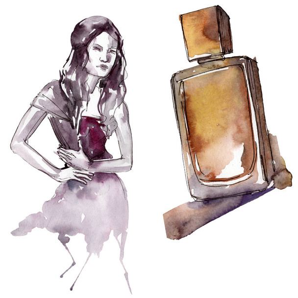 Perfume and girl in dress sketch fashion glamour illustration in a watercolor style isolated aquarelle element. Clothes accessories set trendy vogue outfit. Watercolour background illustration set. - Φωτογραφία, εικόνα