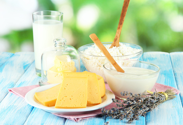 Glass of milk and cheese on natural background - Photo, image