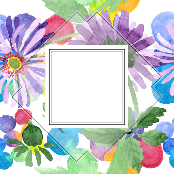 Blue violet asters floral botanical flower. Wild spring leaf wildflower isolated. Watercolor background illustration set. Watercolour drawing fashion aquarelle isolated. Frame border ornament square. - Photo, Image
