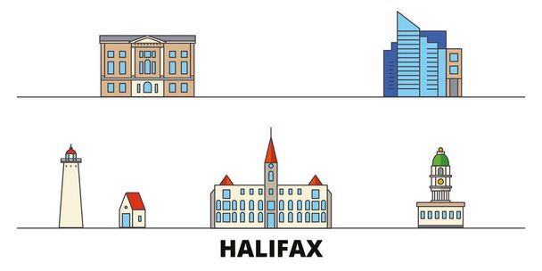 Canada, Halifax flat landmarks vector illustration. Canadá, ciudad de línea de Halifax con lugares de interés turístico famosos, horizonte, diseño
.  - Vector, Imagen