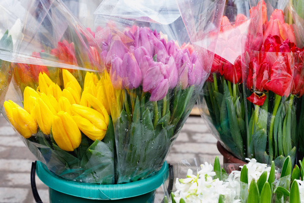 Colorful tulips, roses and other flowers in pots at entry - Foto, Imagem