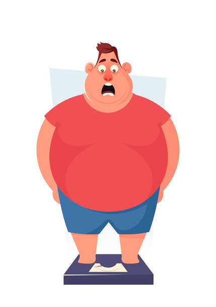 Шокований товстий чоловік стоїть на вагах
 - Вектор, зображення