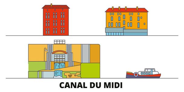 Franciaország, a Canal Du Midi lapos tereptárgyak vektoros illusztráció. Franciaország Canal Du Midi vonal város híres utazási látnivalók, városkép, design.  - Vektor, kép