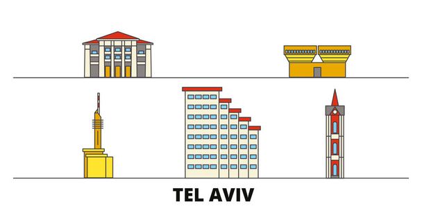Istael, Tel-Aviv lapos tereptárgyak vektoros illusztráció. Istael, Tel-Aviv vonal város híres utazási látnivalók, városkép, design.  - Vektor, kép
